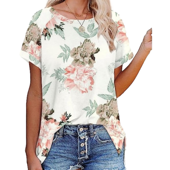 Boutique Floral V Neck Tee with Rolled Sleeves and a Longer Loose Fit - Picture 5 of 14